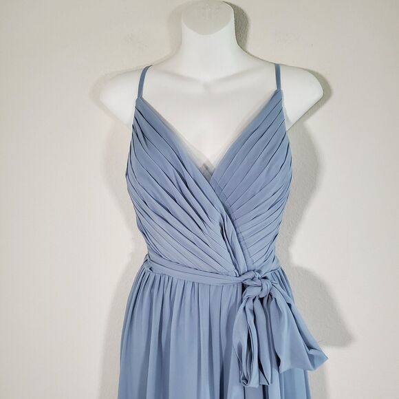 Azazie Gracie Women's Dress Dusty Blue Bridesmaid Wedding Guest Pleated Chiffon - Picture 4 of 15